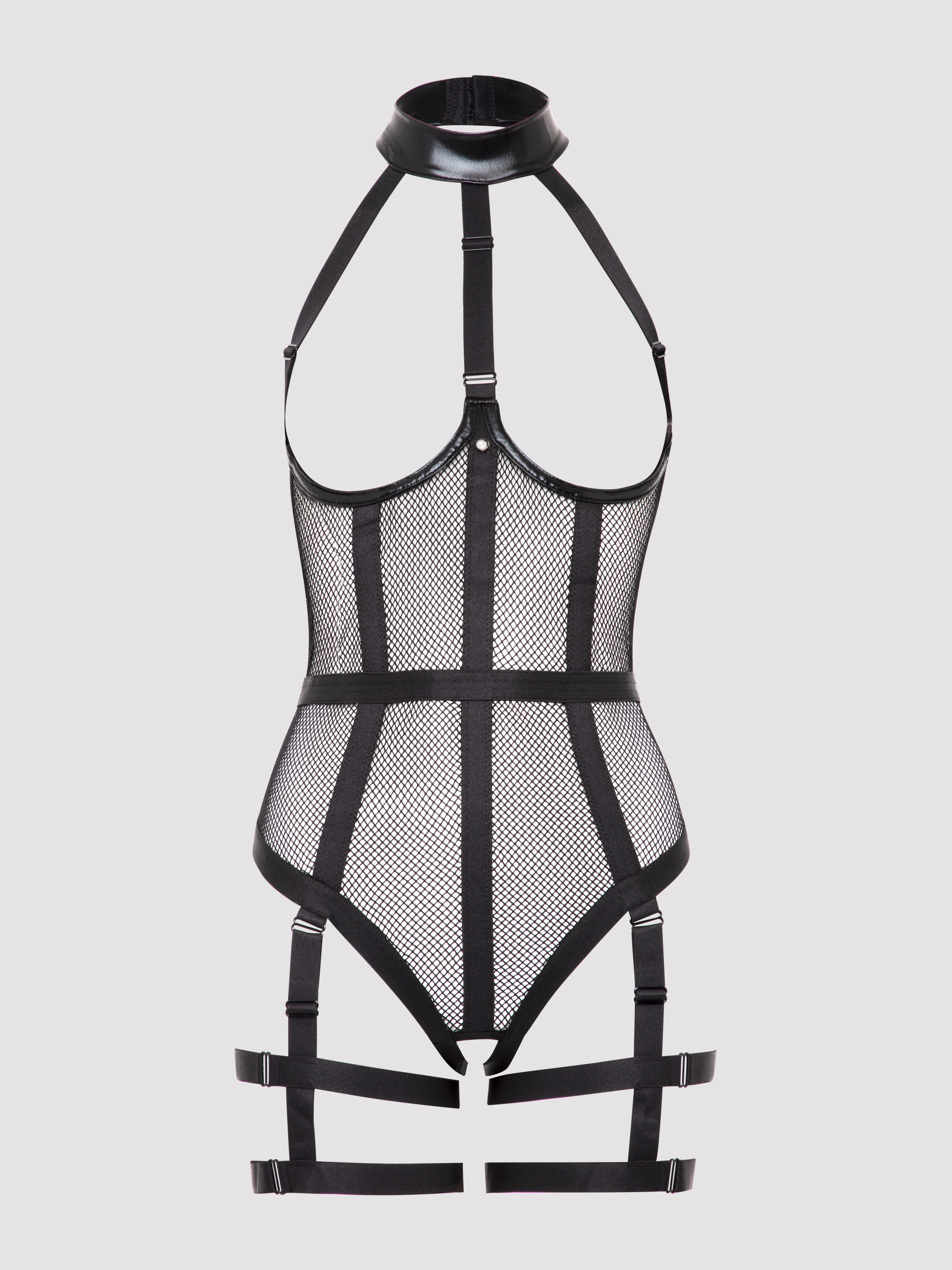 Image of Lovehoney Fierce Siren Fishnet and Wet Look Open-Cup Body - One size - Black