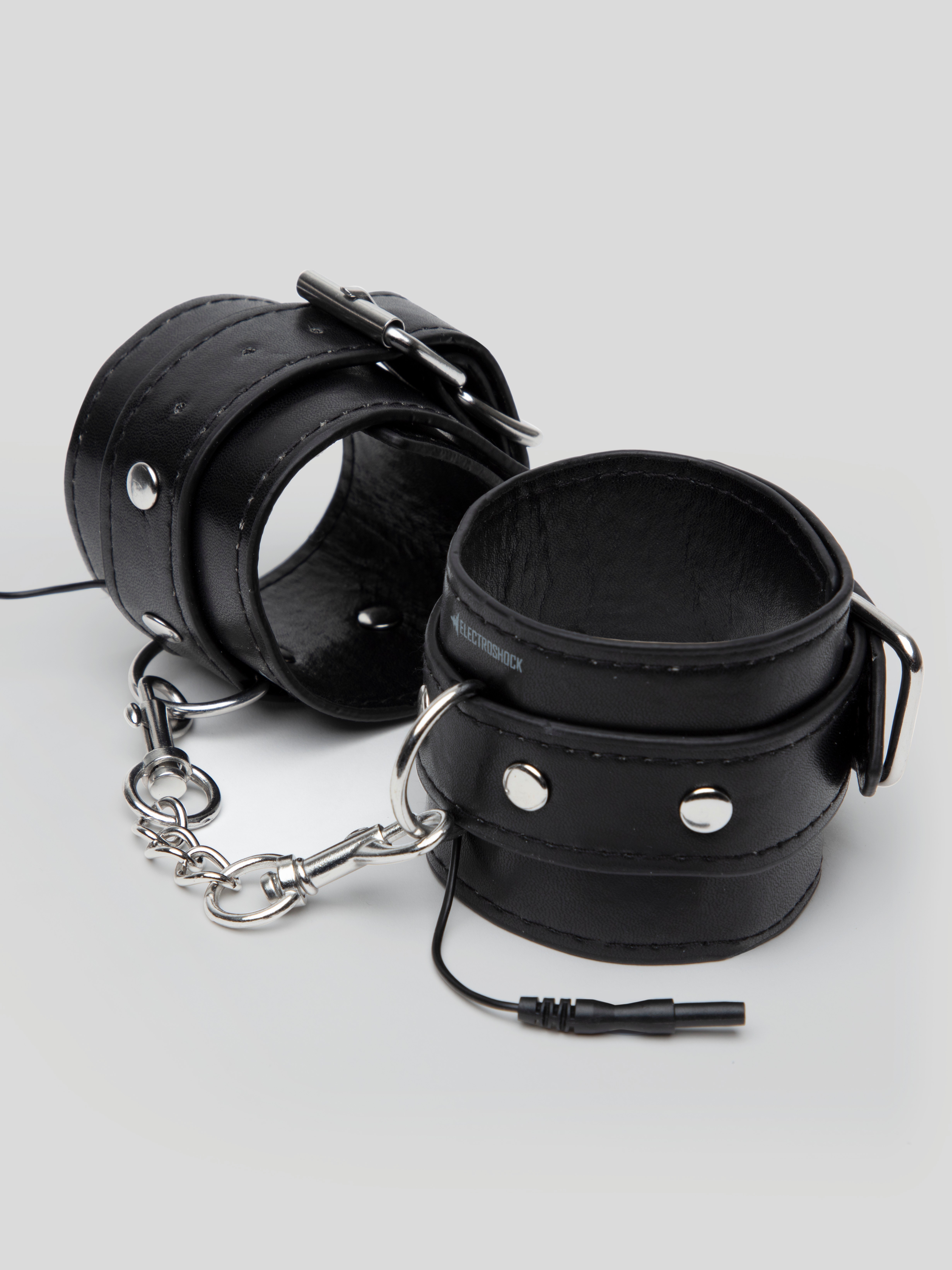 ElectroShock Faux Leather Electrostim Handcuffs, Black, hi-res