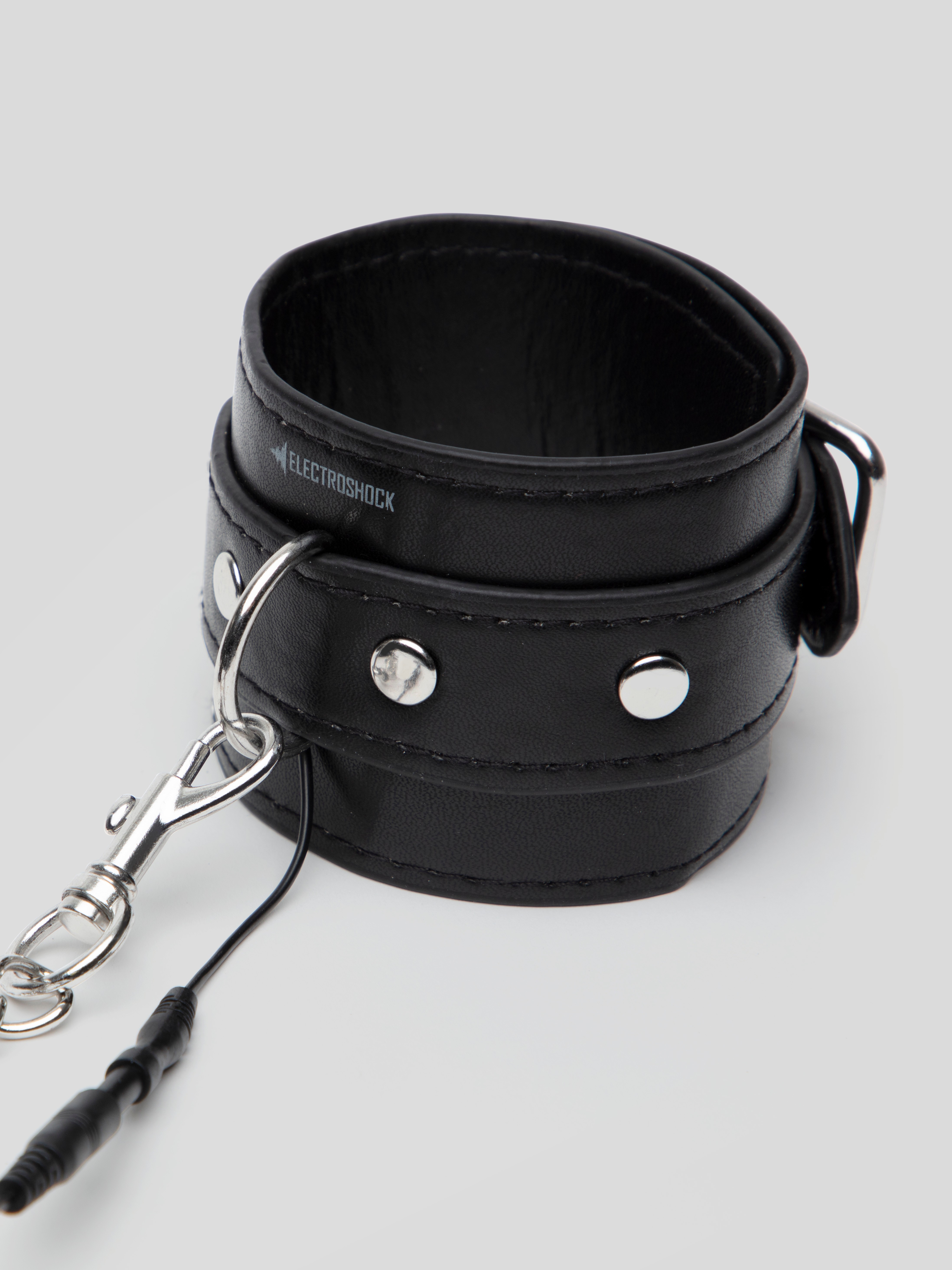 ElectroShock Faux Leather Electrostim Handcuffs, Black, hi-res