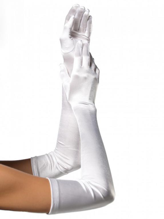 Leg Avenue White Elbow-Length Satin Gloves, White, hi-res