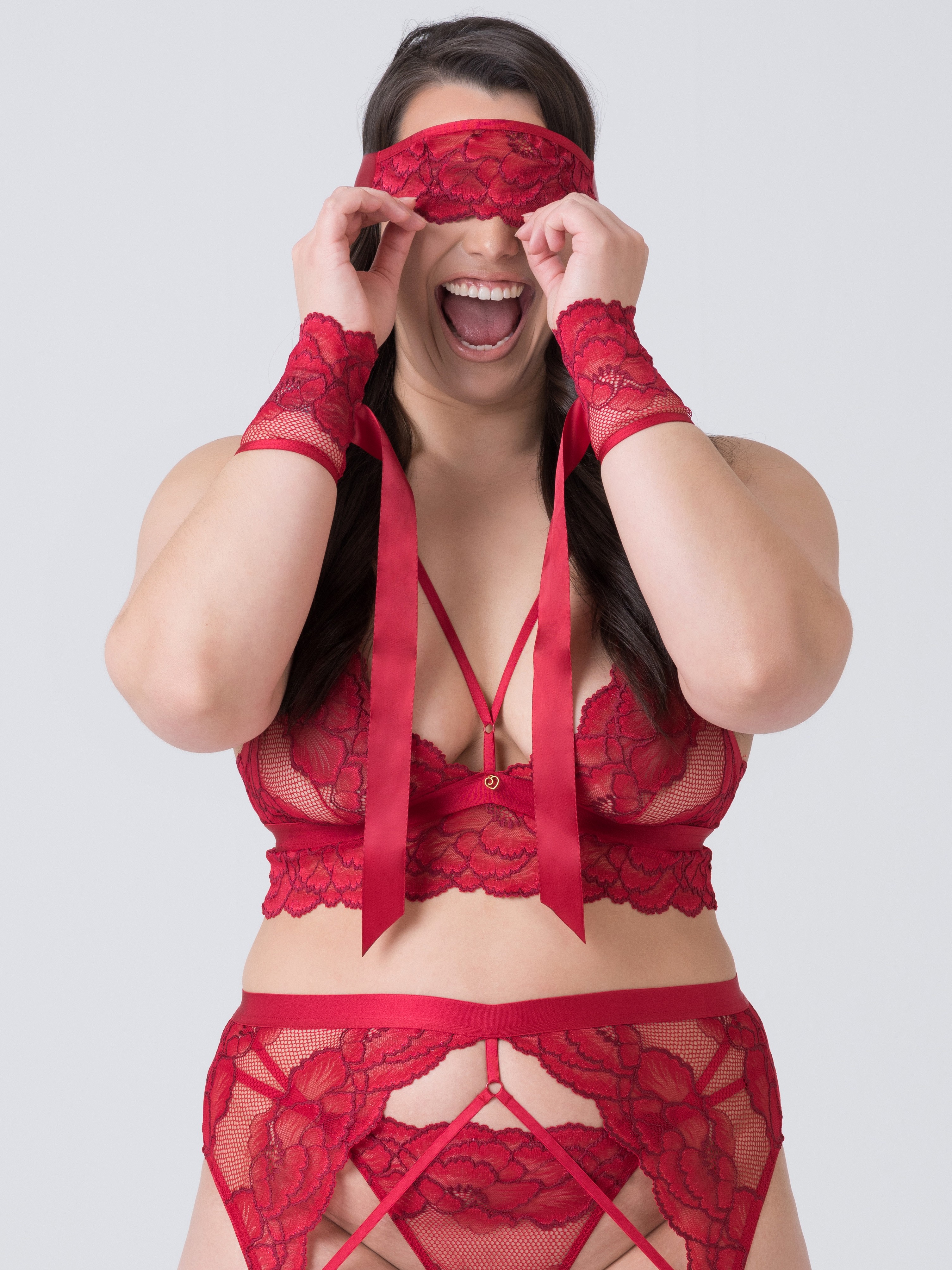 Lovehoney Tiger Lily Red Lace Cuffs and Eye Mask Set, Red, hi-res