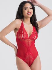 Lovehoney Peek-a-Boo White Lace Teddy, Red, hi-res