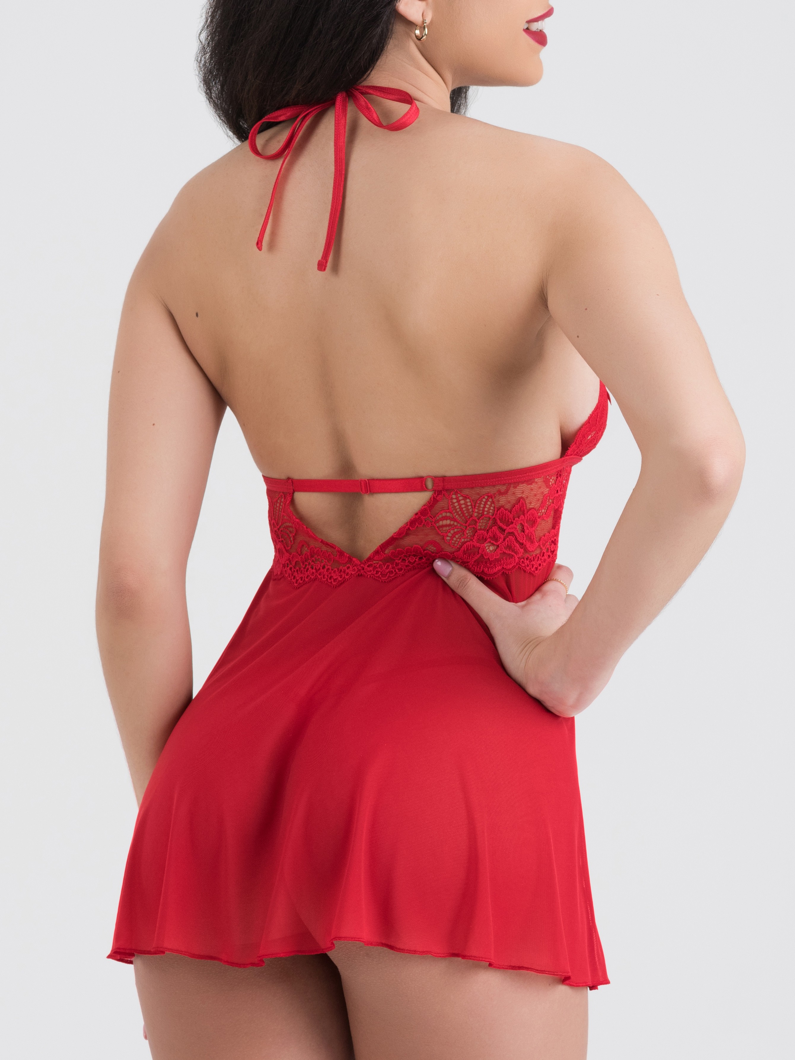 Lovehoney Peek-a-Boo White Lace Babydoll Set, Red, hi-res