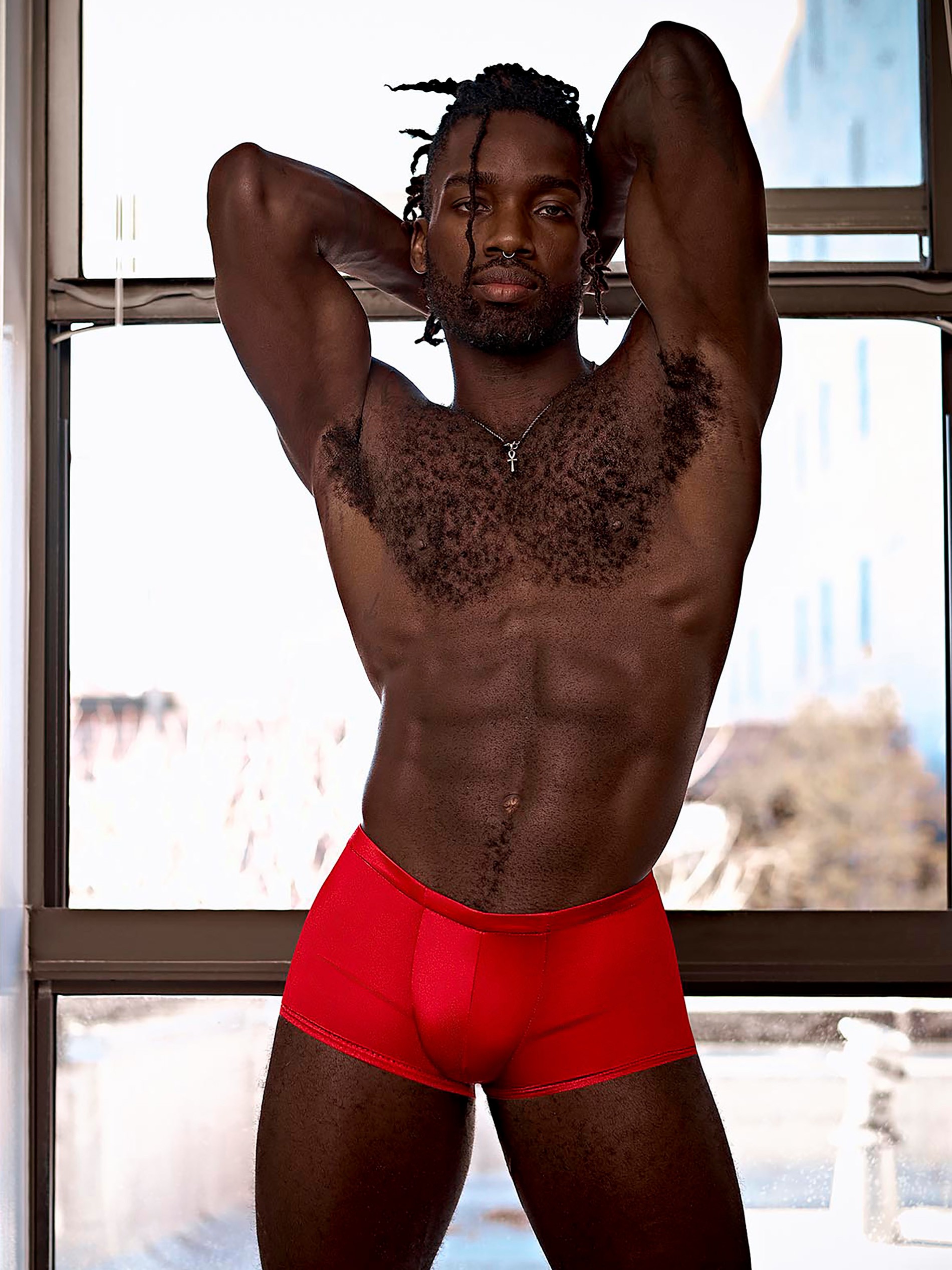 Male Power Tight Wet Look Boxer Shorts, Red, hi-res