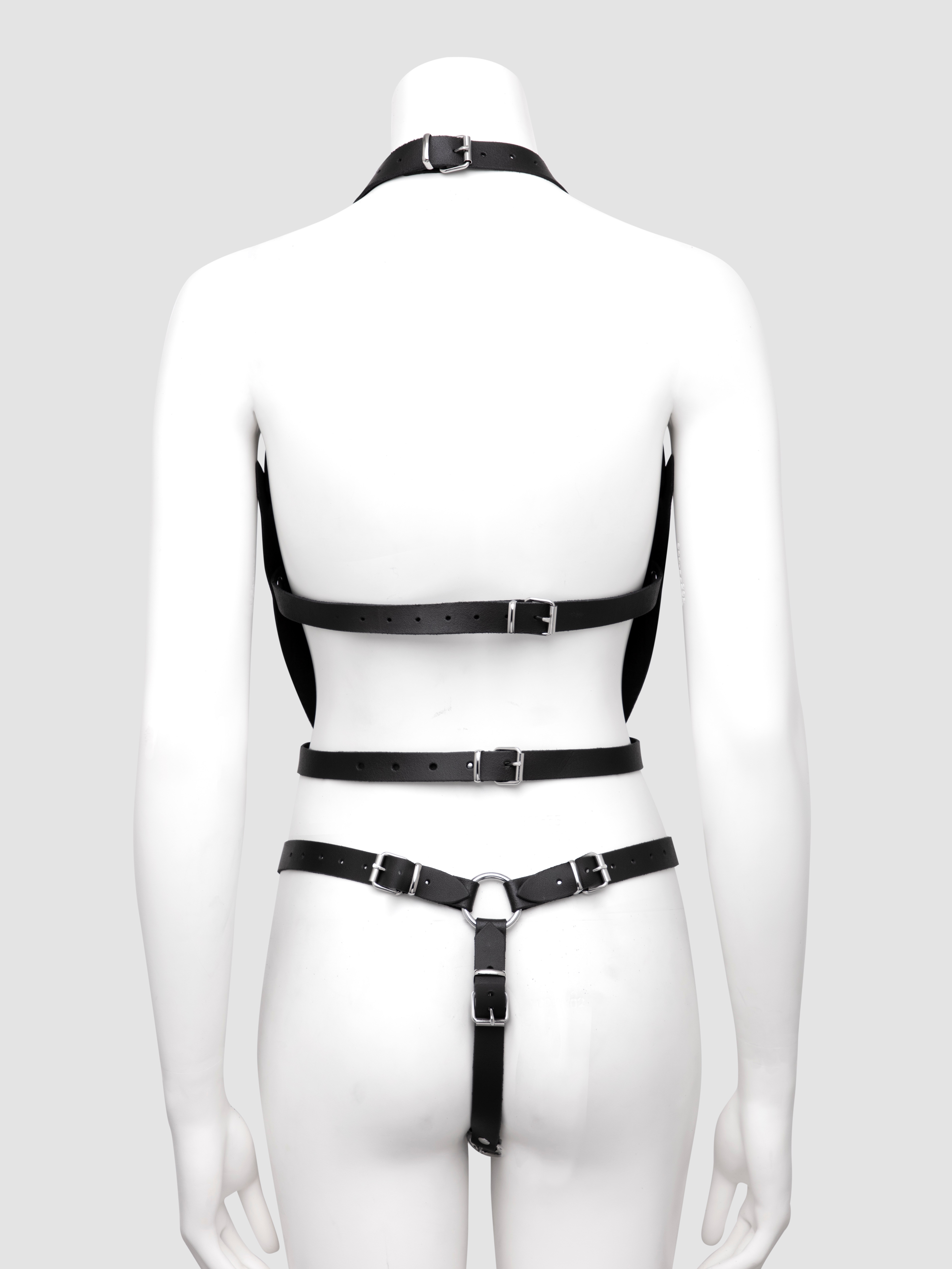 DOMINIX Deluxe Leather and Chain Harness Bra Set, Black, hi-res