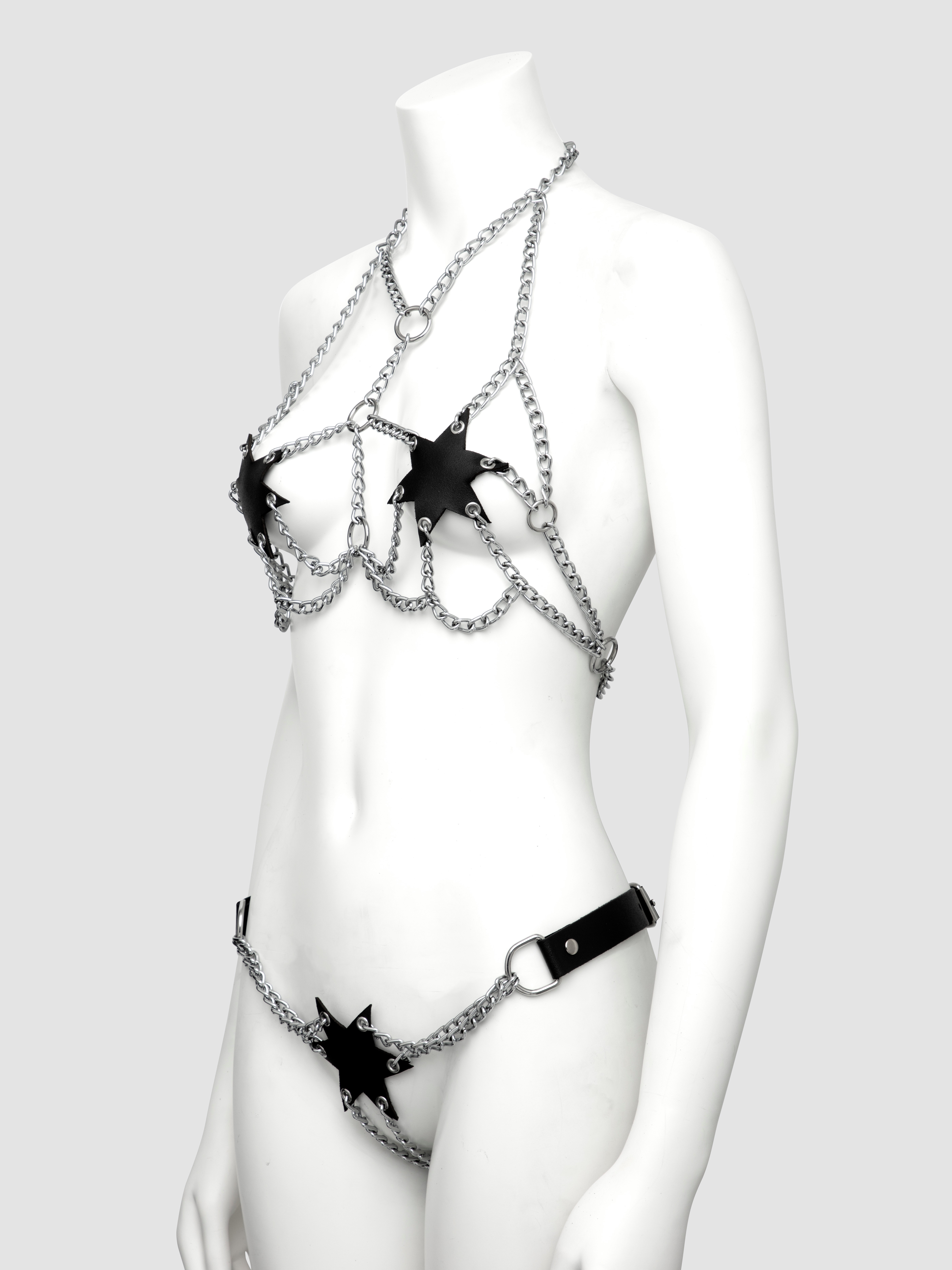 DOMINIX Deluxe Leather and Chain Star Bra Set, Black, hi-res