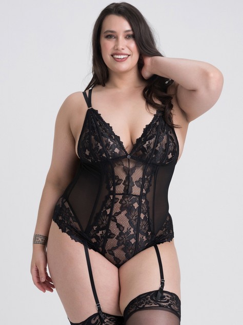 Lovehoney Lavish Black Lace Teddy, Black, hi-res