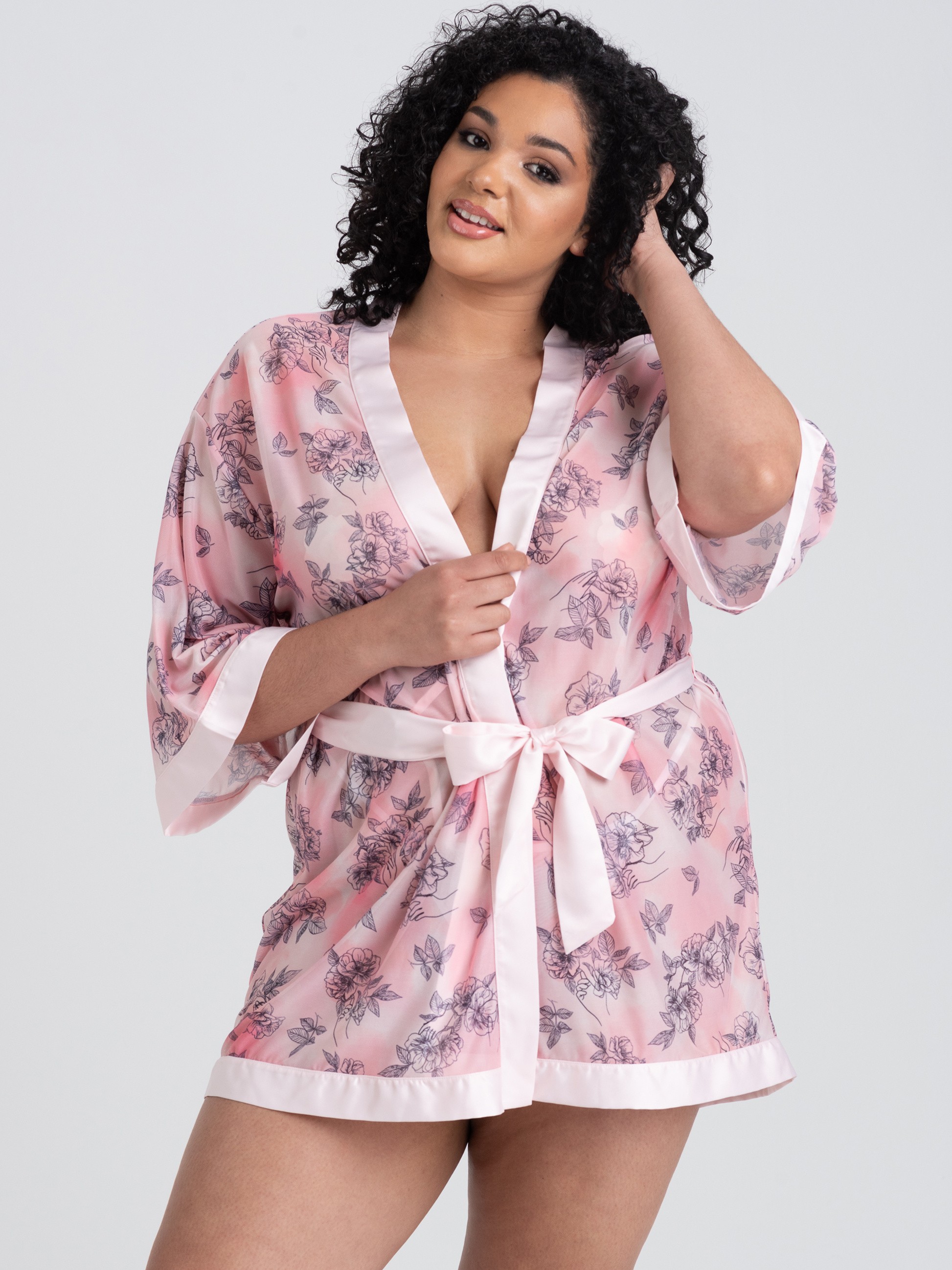 Lovehoney Plus Size Rose Embrace Pink Robe, Pink, hi-res