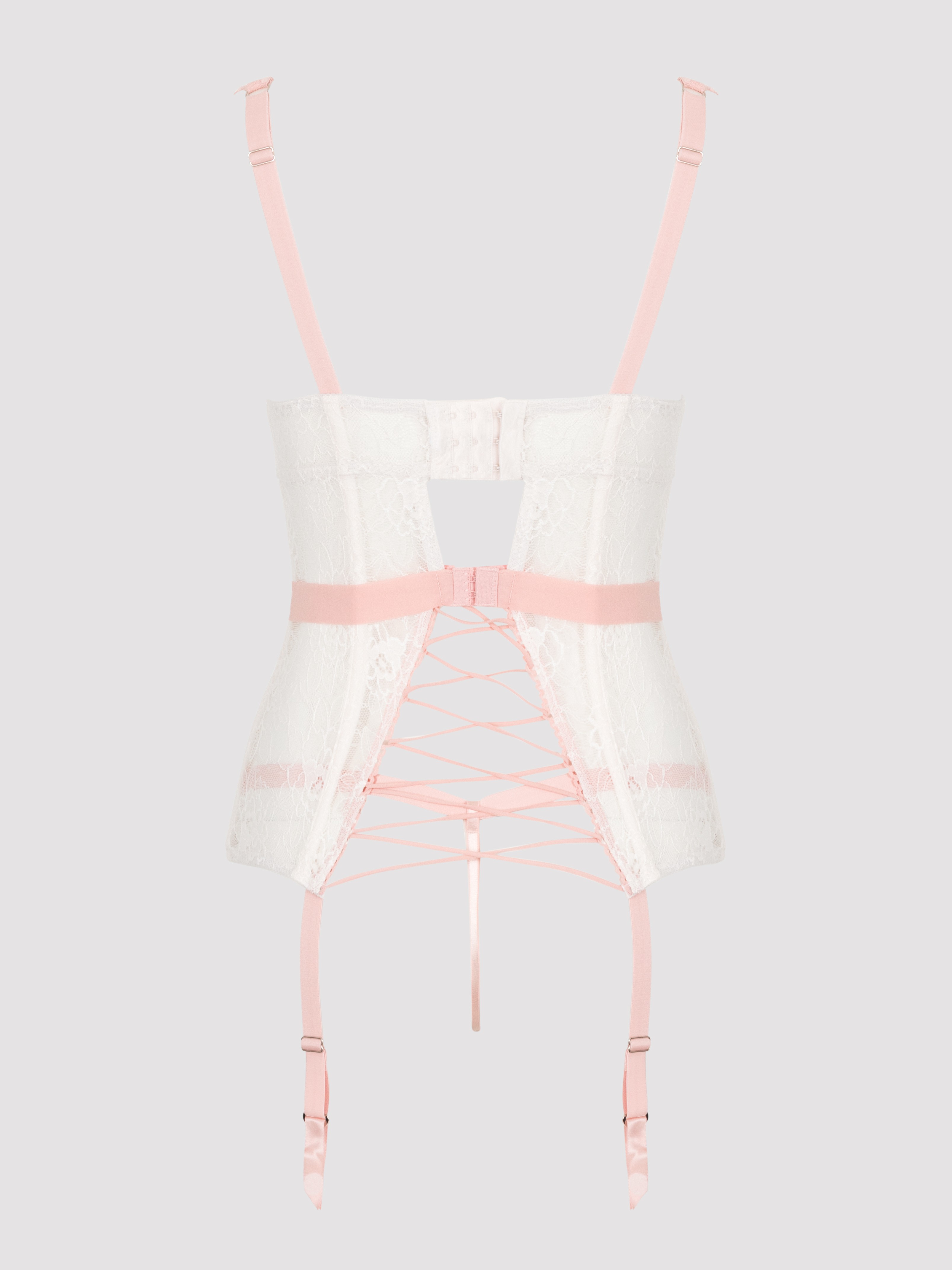 Lovehoney Vintage Bliss Ivory Lace Open-Back Basque Set, Ivory, vanilla