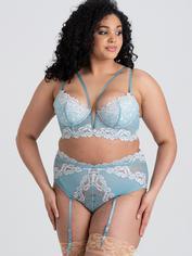 Lovehoney Parisienne Luxe Soft Aqua Longline Bra and Crotchless Thong , Blue, hi-res