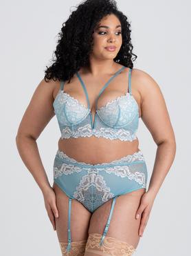 Lovehoney Plus Size Parisienne Luxe Soft Aqua Longline Bra and Crotchless Thong 