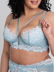 Lovehoney Parisienne Luxe Soft Aqua Longline Bra and Crotchless Thong , Blue, hi-res