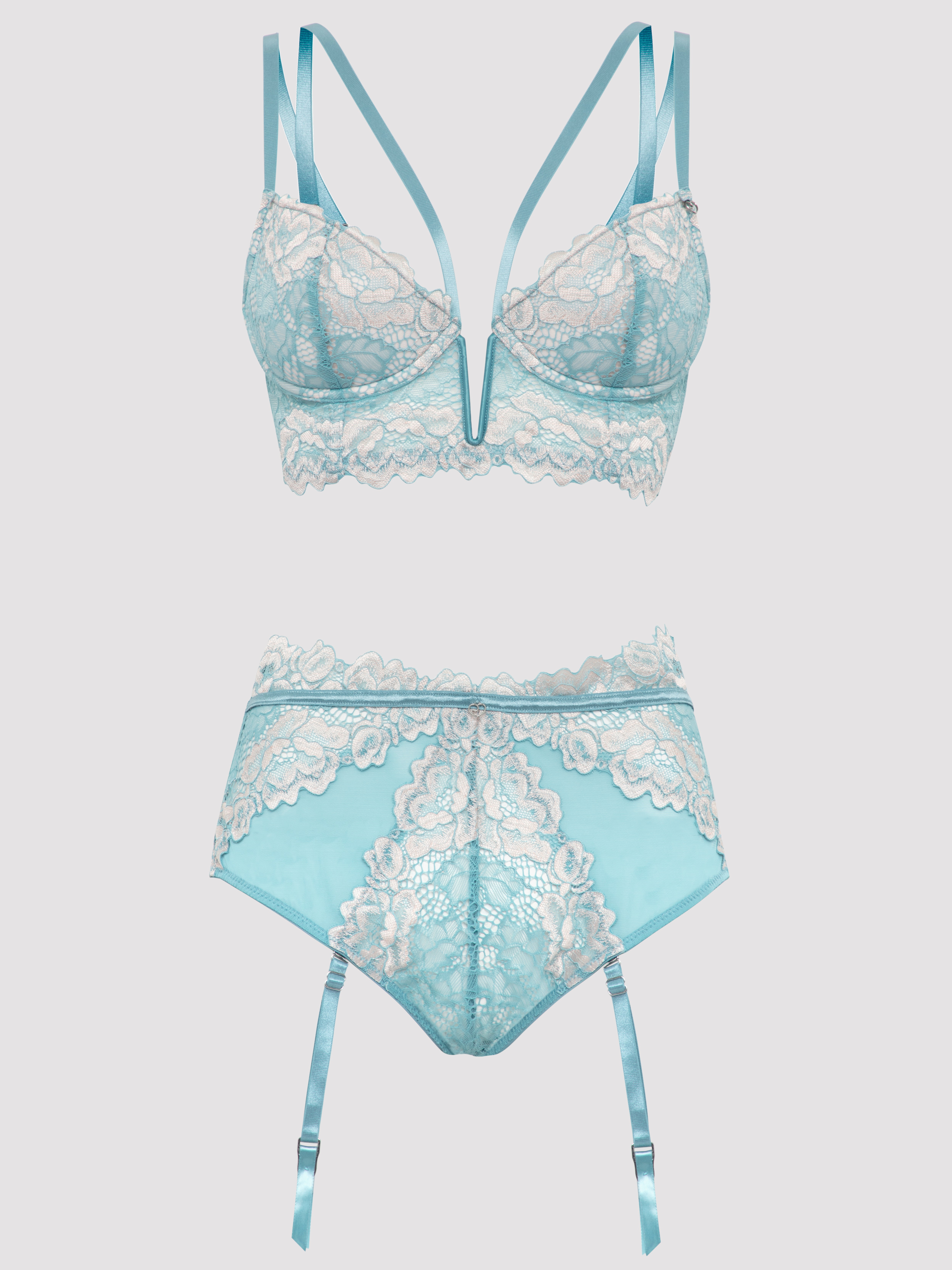Lovehoney Parisienne Luxe Soft Aqua Lace Longline Bra and Crotchless Thong , Blue, hi-res