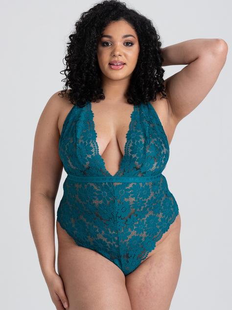 Lovehoney Plus Size Mindful Forest Green Recycled Lace Teddy, Green, hi-res