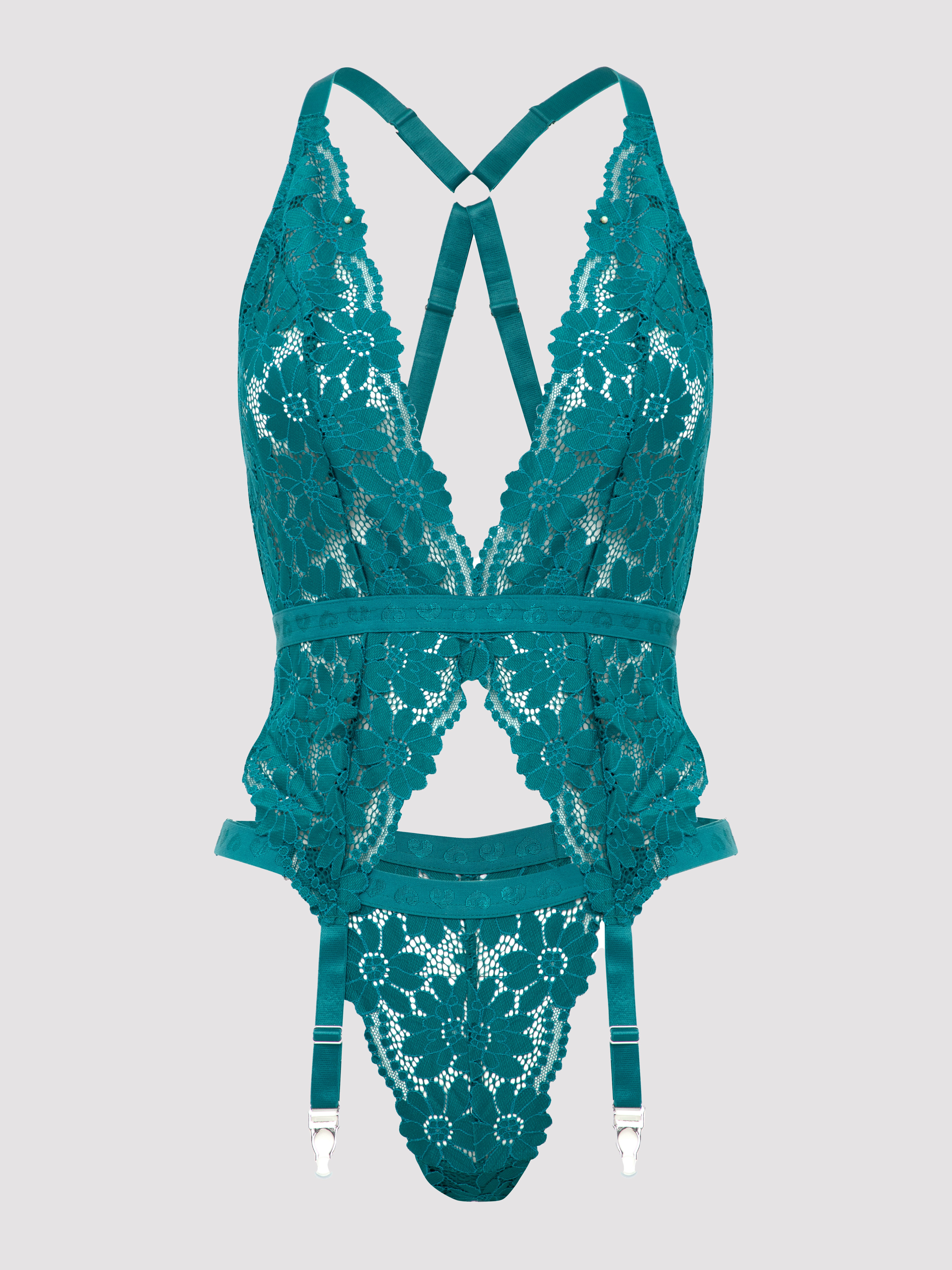 Lovehoney Plus Size Mindful Forest Green Recycled Lace Bustier Set, Green, hi-res