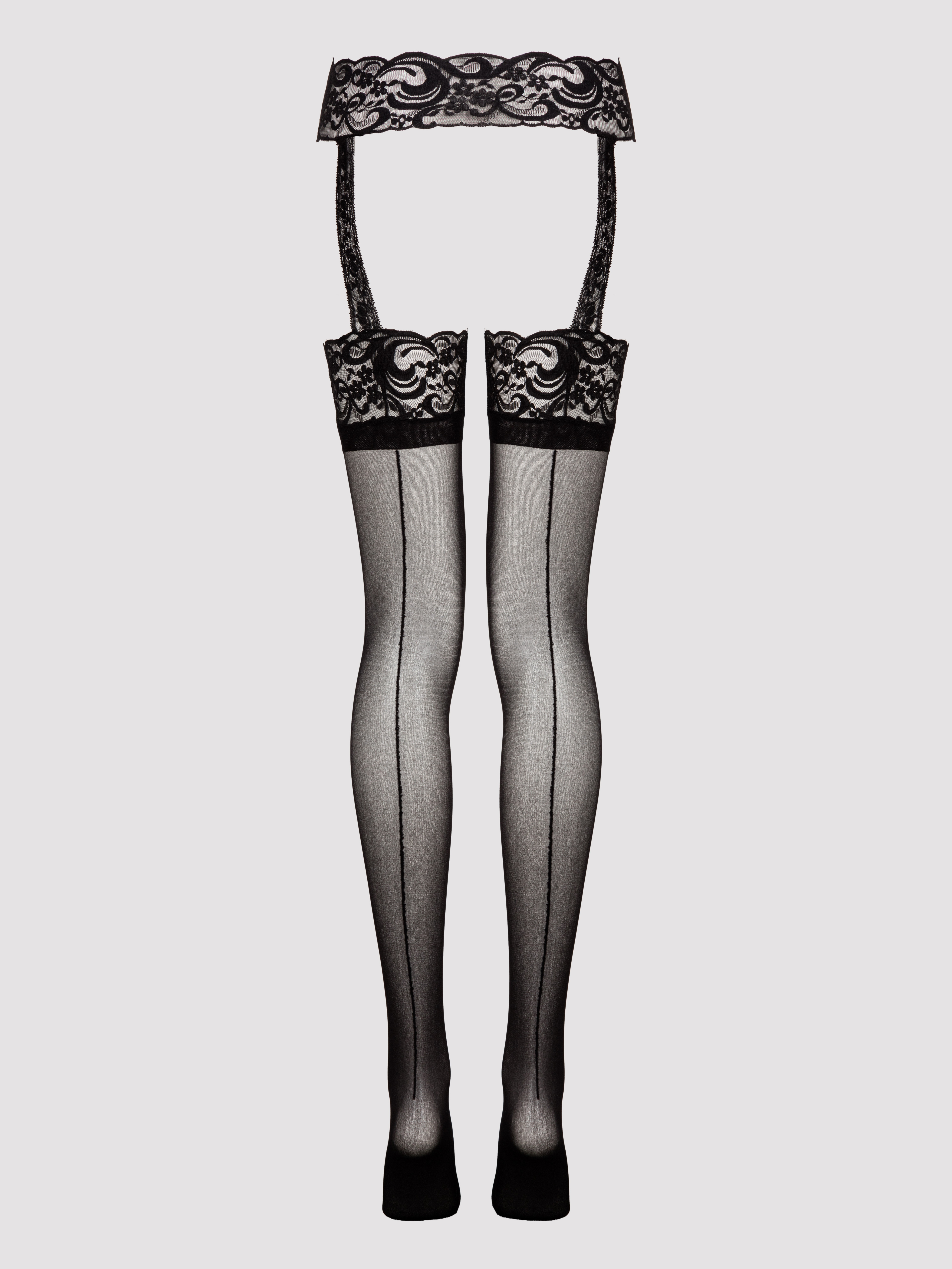 Lovehoney Black Lace Garter Tights, Black, hi-res