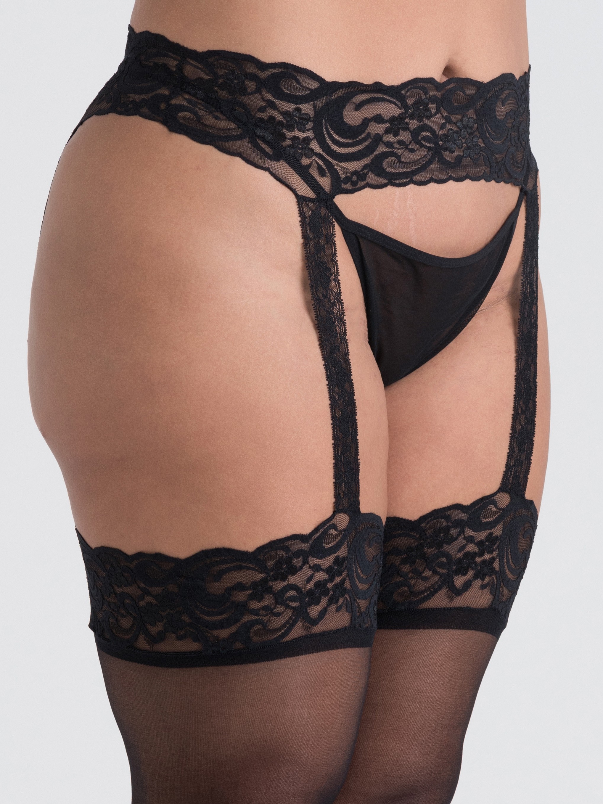 Lovehoney Black Lace Suspender Tights, Black, hi-res