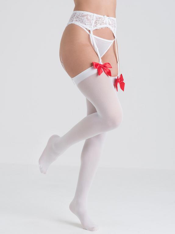 Lovehoney White and Red Bow Top Stockings, White, hi-res