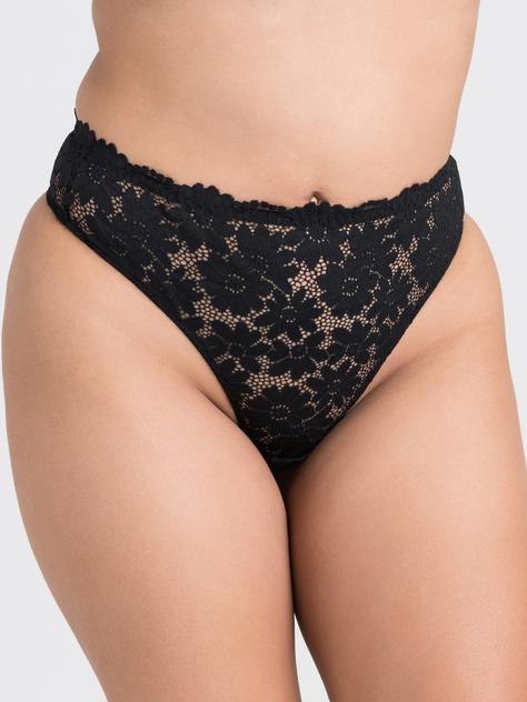 Lovehoney Mindful Forest Green Recycled Lace High-Waisted Thong, Black, hi-res