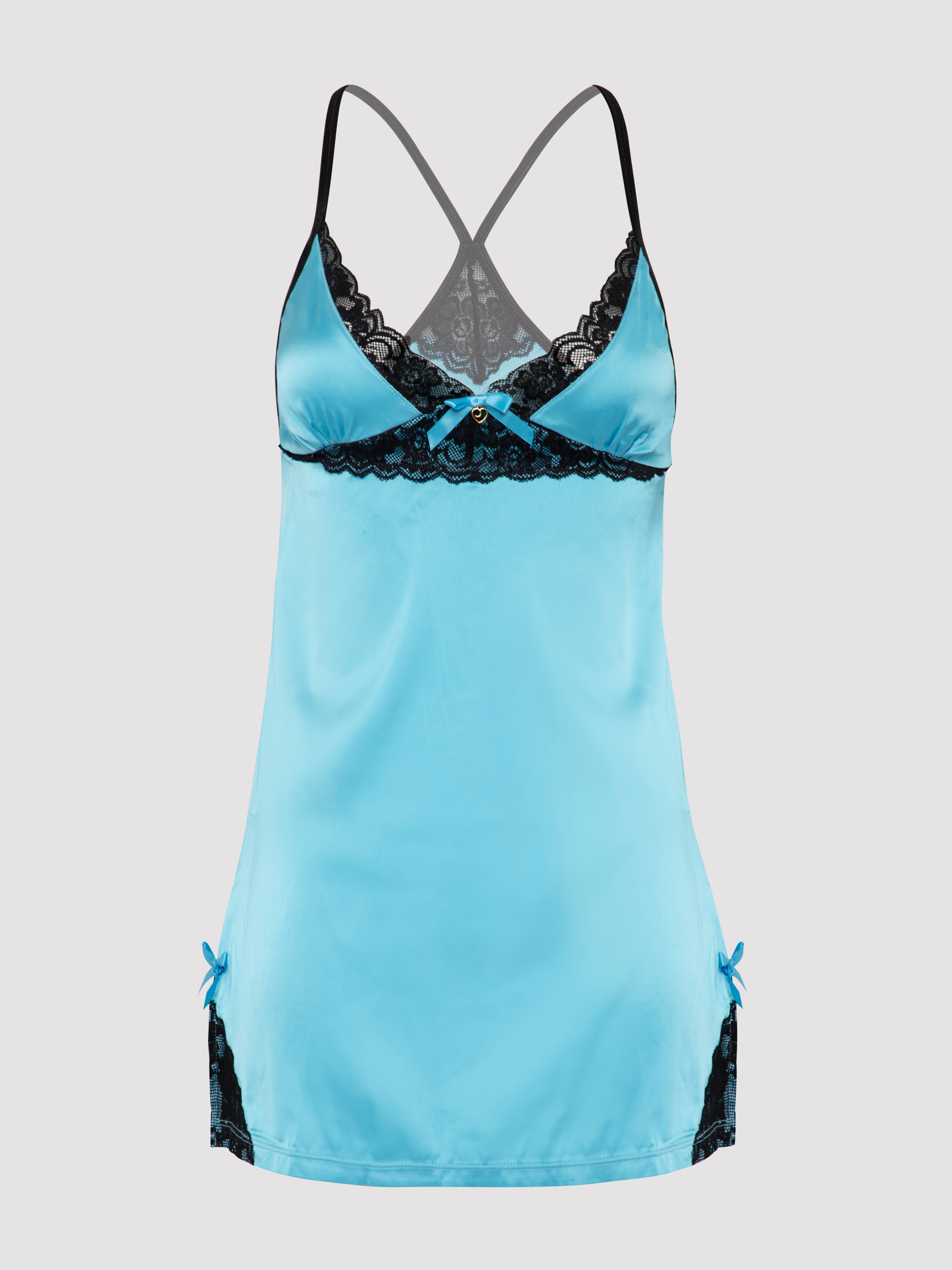 Image of Lovehoney Plus Size Turquoise Satin and Lace Chemise Set - 1X / 2X - Blue