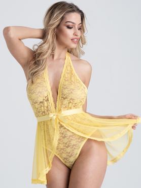 Lovehoney Peony Yellow Sheer Mesh and Lace Crotchless Body