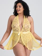 Lovehoney Peony Yellow Sheer Mesh and Lace Crotchless Body, Yellow, hi-res