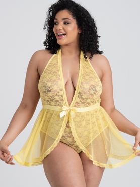 Lovehoney Plus Size Peony Yellow Sheer Mesh and Lace Crotchless Body