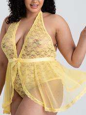 Lovehoney Peony Yellow Sheer Mesh and Lace Crotchless Teddy, Yellow, hi-res