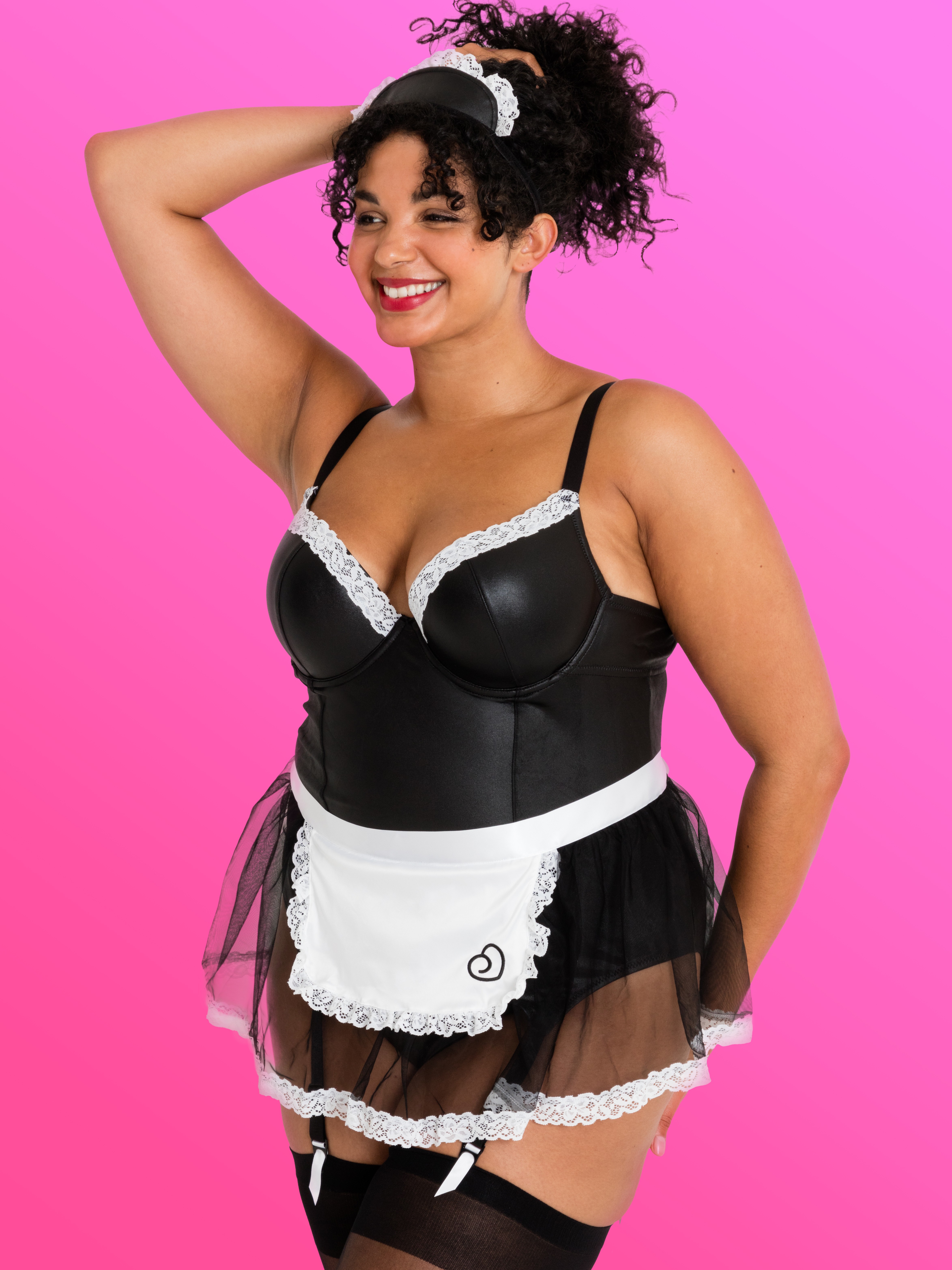 Lovehoney Fantasy Deluxe Wet Look French Maid Costume, Black, hi-res