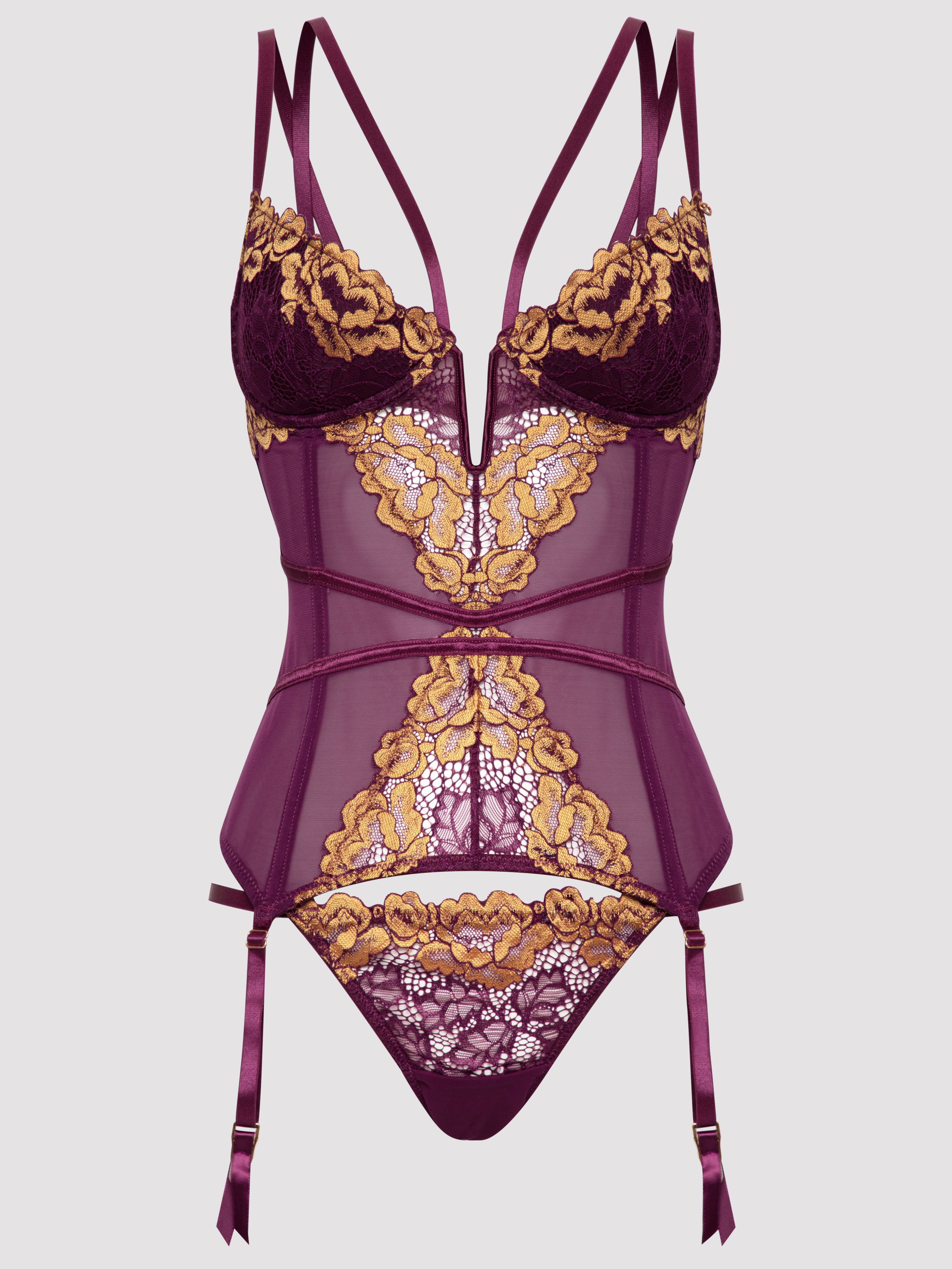Lovehoney Parisienne Luxe Purple Lace Basque Set, Purple, vanilla