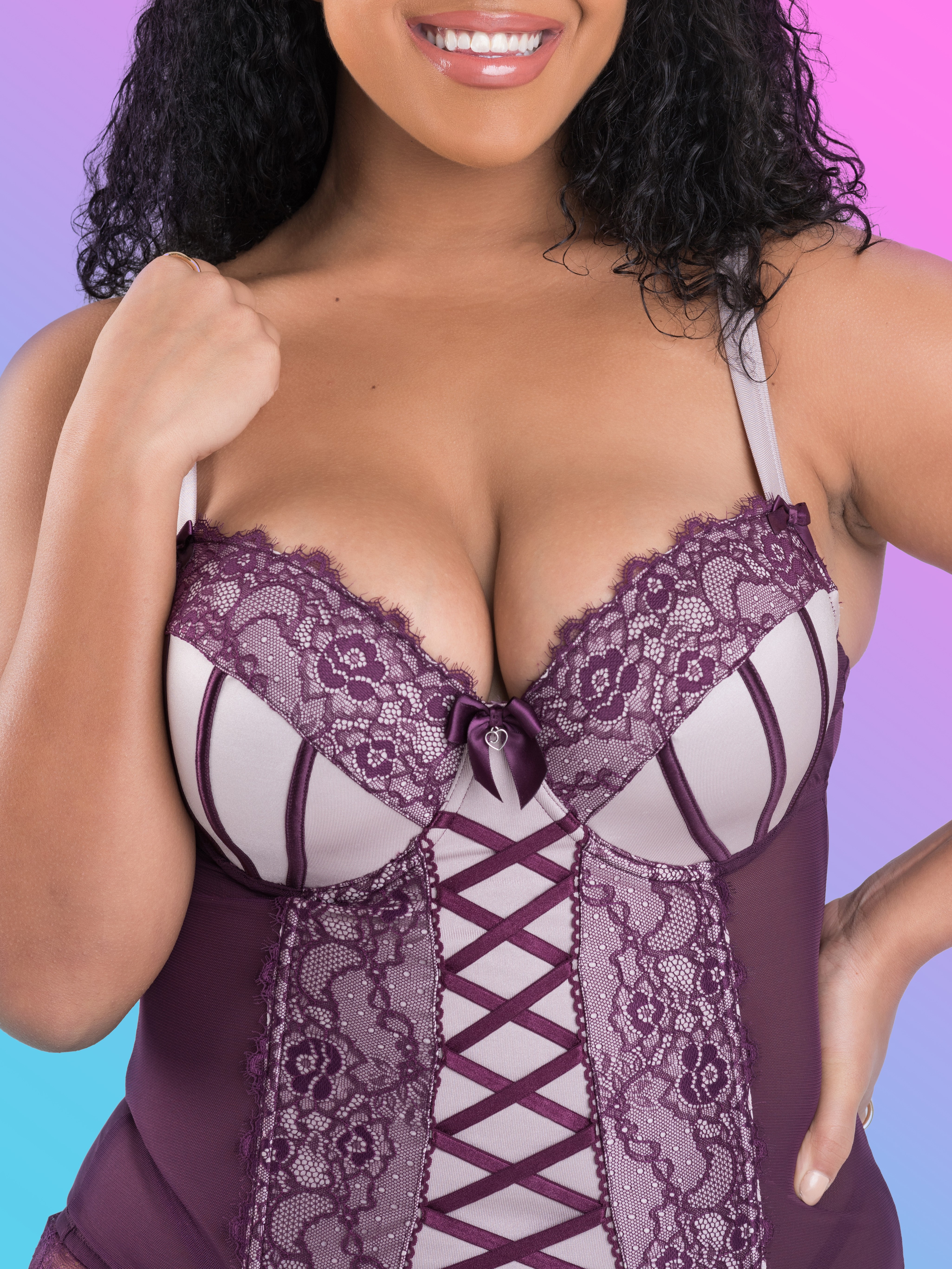 Lovehoney Boudoir Belle Cherry Push-Up Basque Set, Purple, hi-res