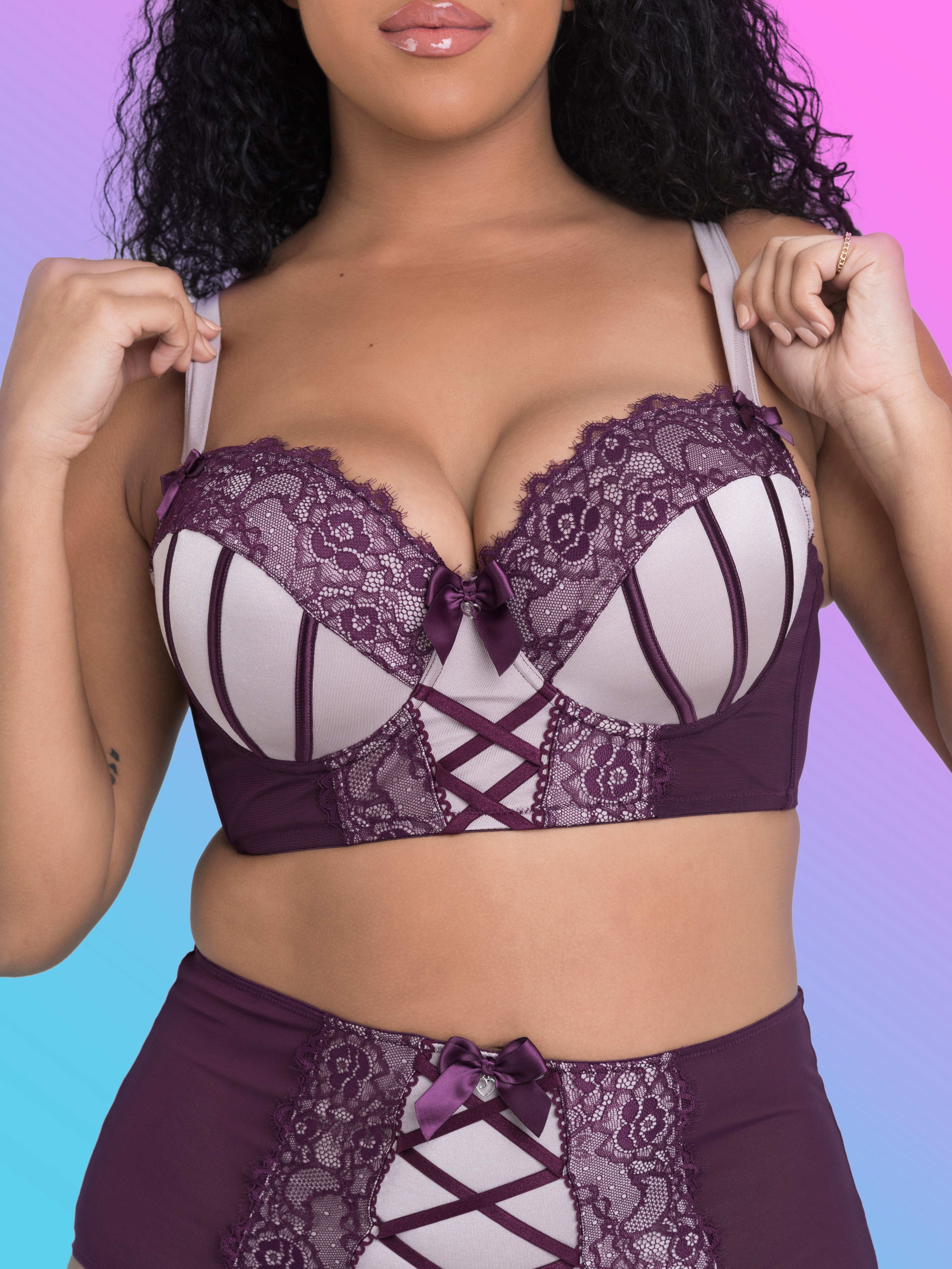 Lovehoney Boudoir Belle Cherry Push-Up Longline Bra Set, Purple, hi-res