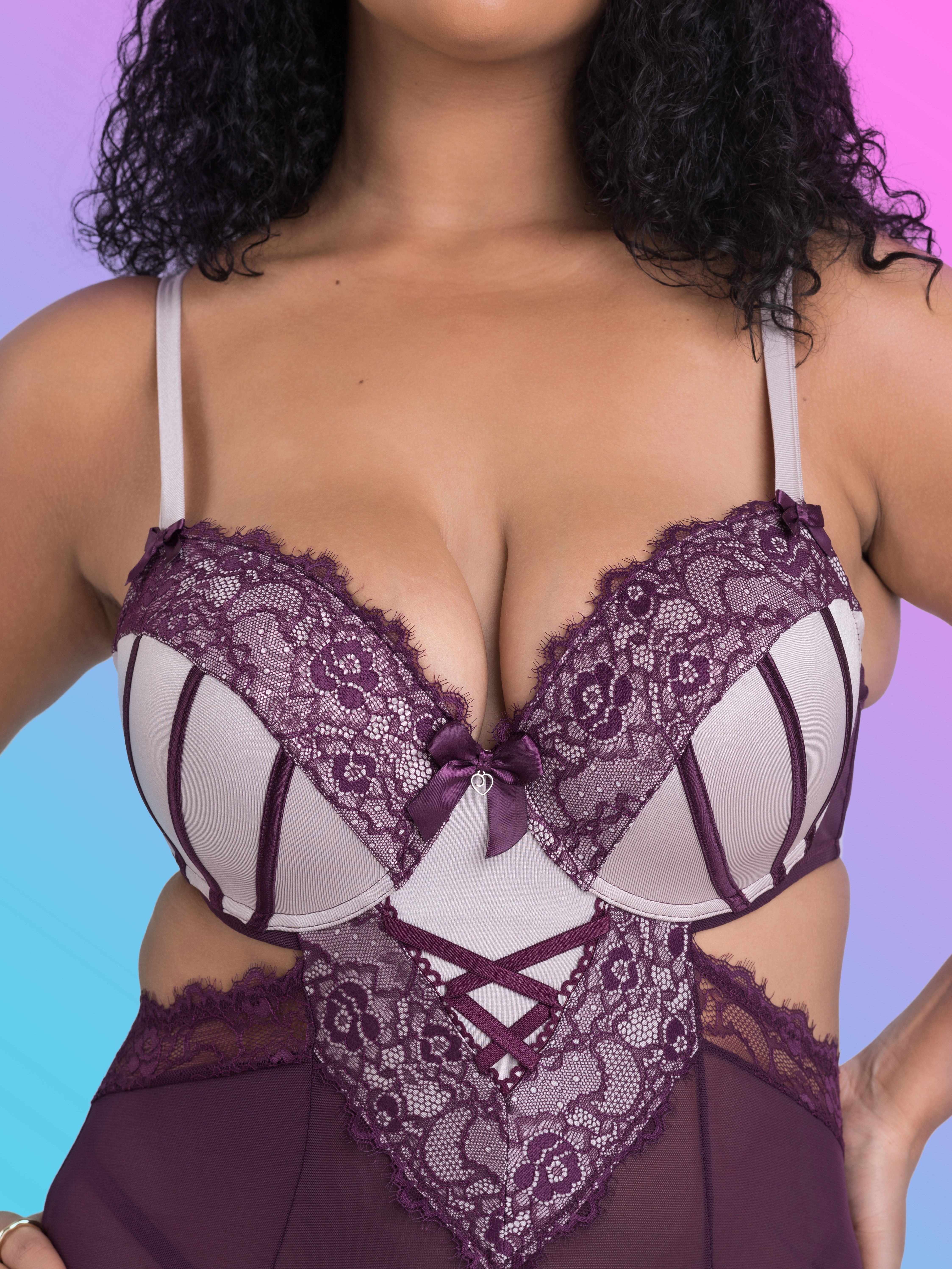 Lovehoney Boudoir Belle Cherry Cut-Out Chemise Set, Purple, hi-res