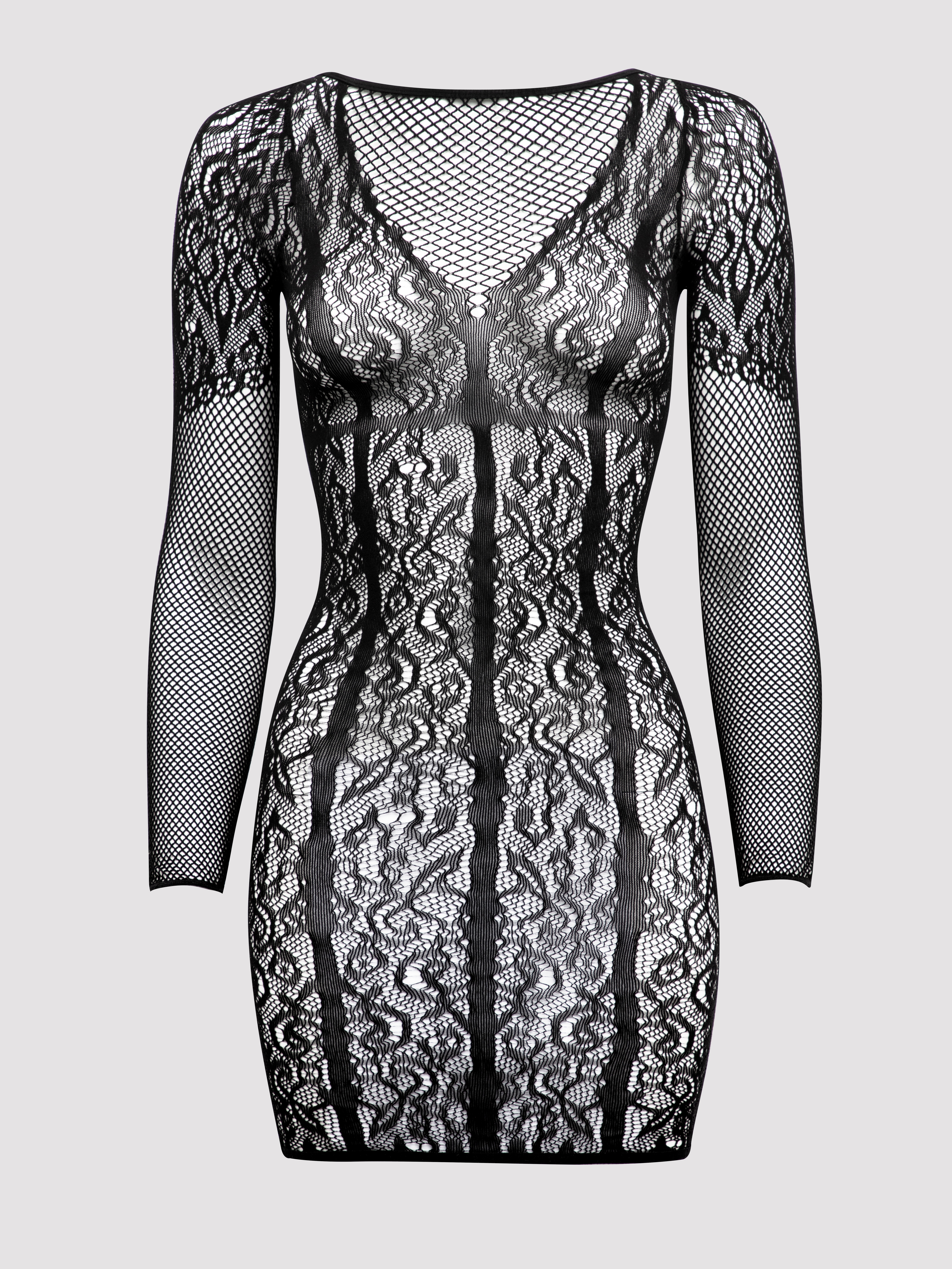  Fifty Shades of Grey Captivate Black Lace Long Sleeve Mini Dress, Black, vanilla