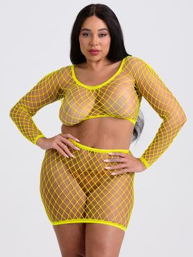 Lovehoney Plus Size Viva Neon Yellow Fishnet Top and Skirt Set