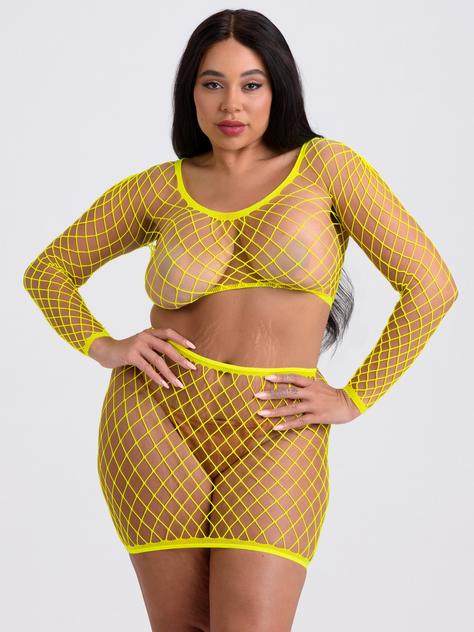 Lovehoney Viva Neon Yellow Fishnet Top and Skirt Set, Yellow, hi-res