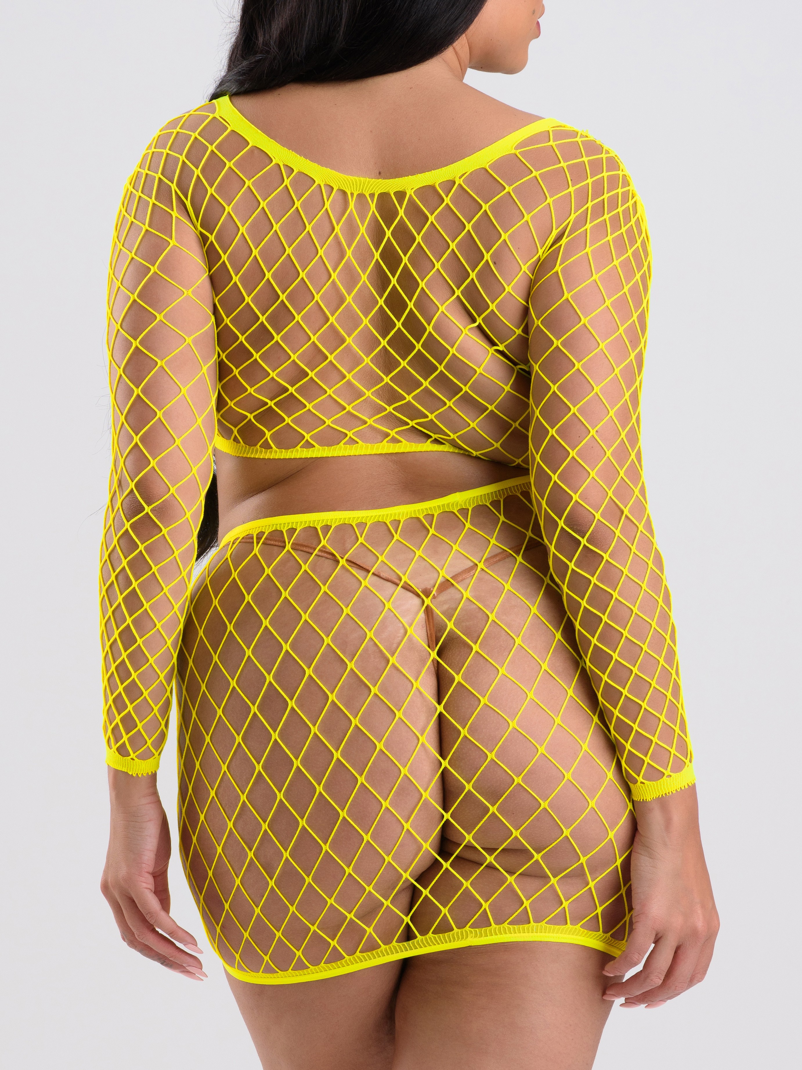 Lovehoney Viva Neon Yellow Fishnet Top and Skirt Set, Yellow, hi-res