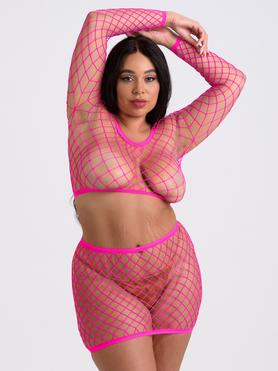 Lovehoney Plus Size Viva Neon Pink Fishnet Top and Skirt Set