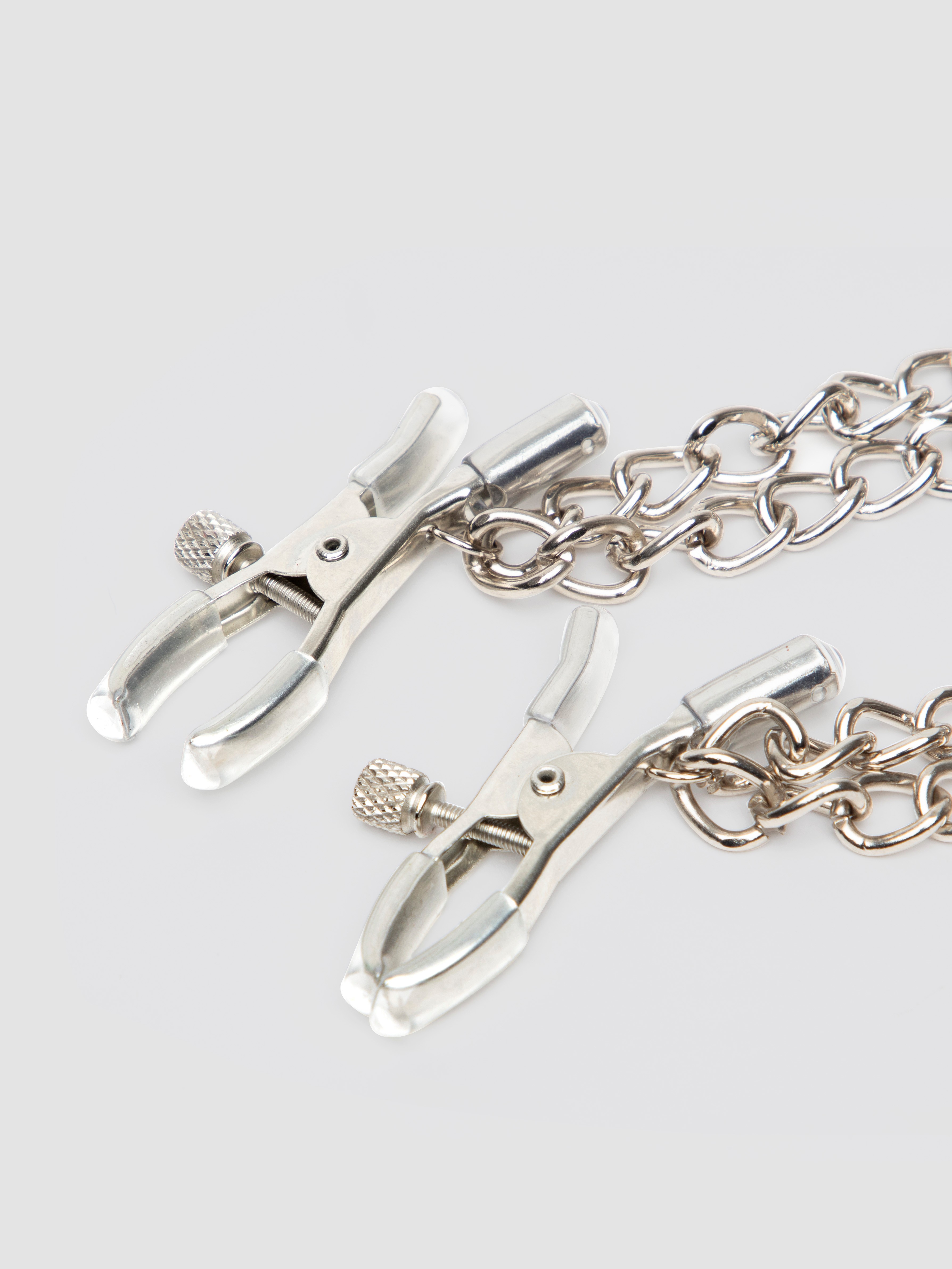 Fetish Fantasy Rock Hard Adjustable Nipple Clamps with Double Chain, Silver, hi-res