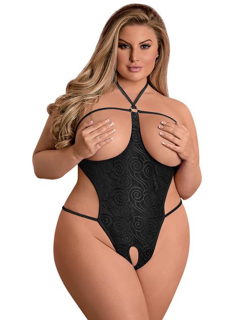 Exposed Crotchless Open Cup Mesh Teddy, Black, hi-res