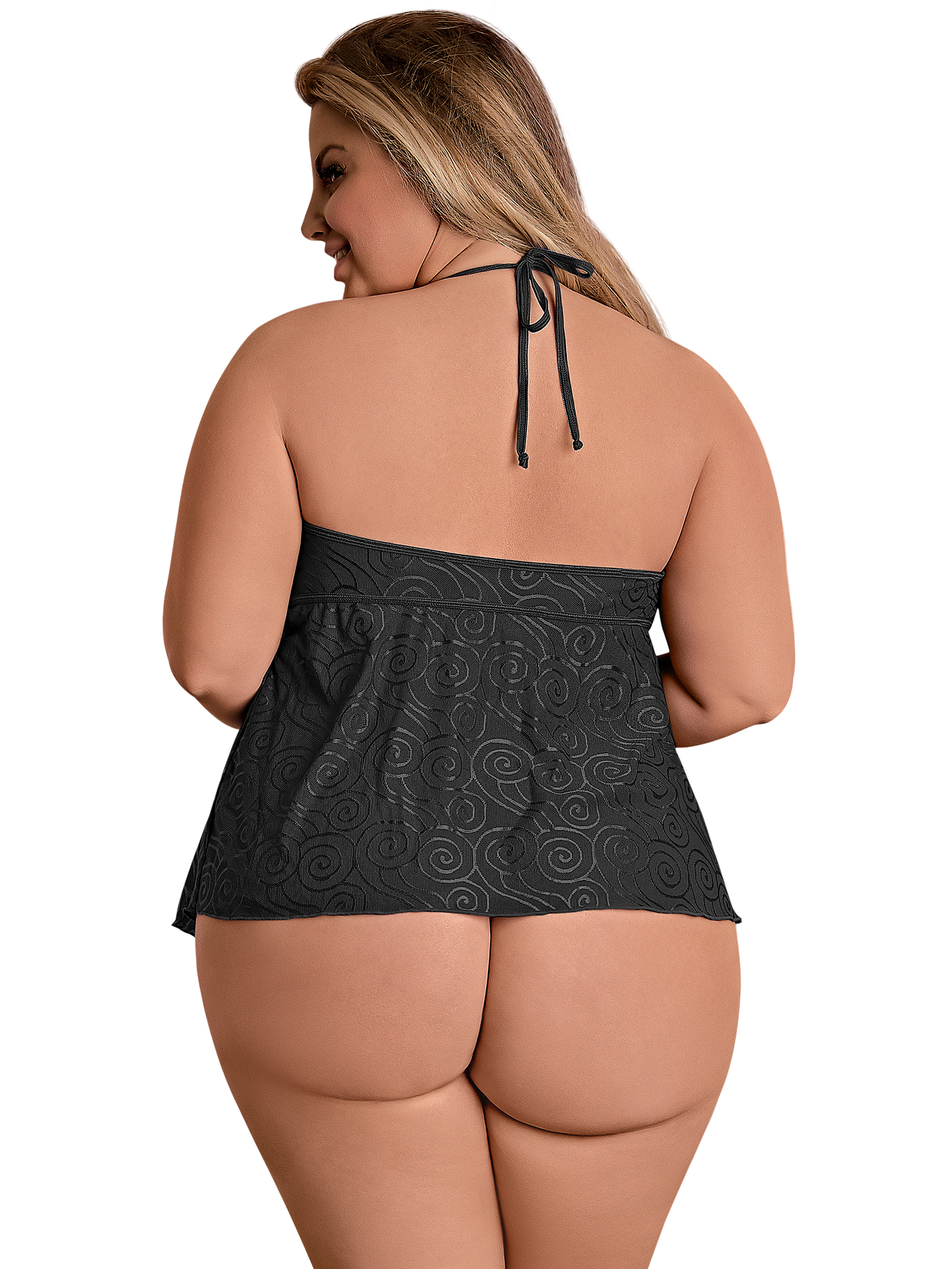 Exposed Plus Size Black Open-Cup Crotchless Cami Set, Black, hi-res