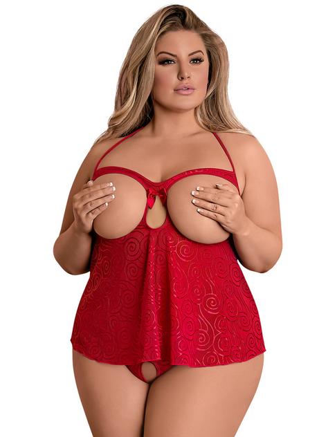 Exposed Plus Size Red Open-Cup Crotchless Cami Set, Red, hi-res