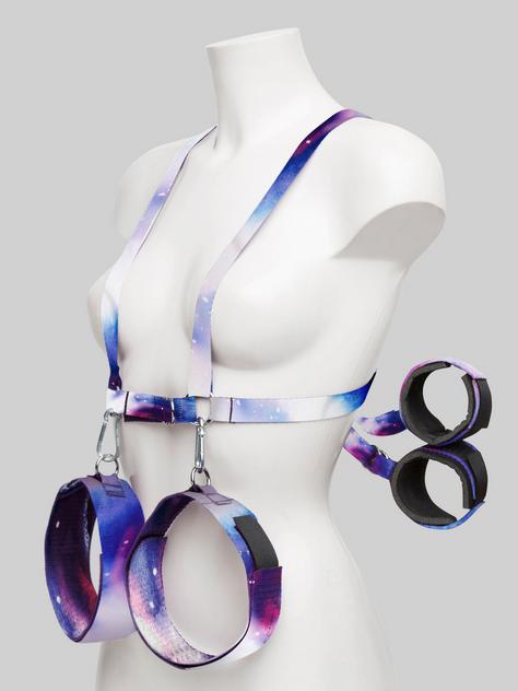 Bondage Boutique Cosmic Body Harness with Wrist and Thigh Restraint, Blue, hi-res