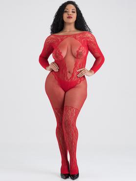 Lovehoney Plus Size All About That Lace Netz-Bodystocking mit freiem Rücken (rot