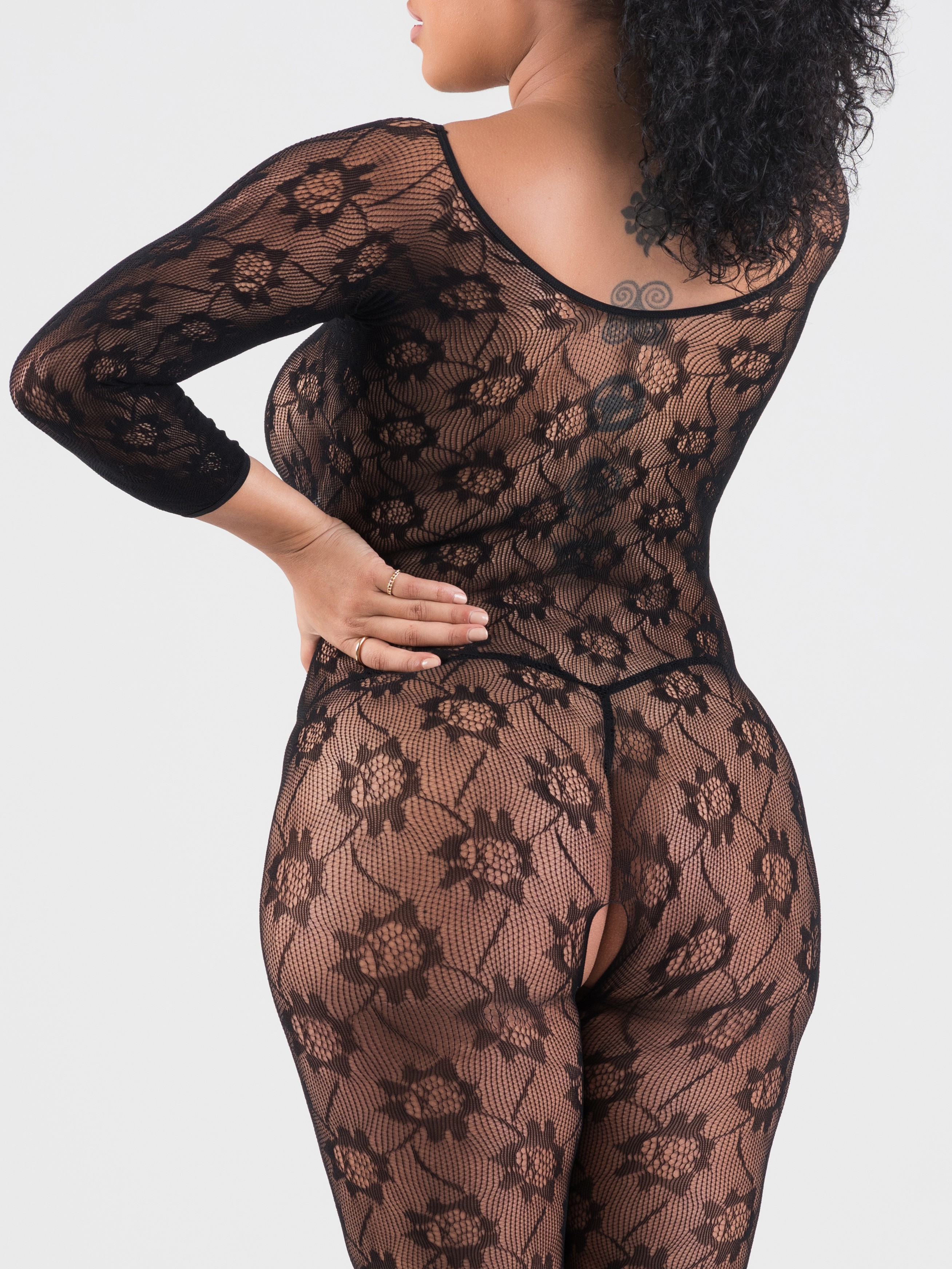 Lovehoney Plus Size Boudoir Babe Black Lace Crotchless Bodystocking , Black, hi-res