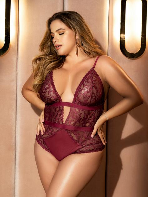 Mapale Plus Size Wine Lace Plunge Heart Cut-Out Bow Detail Teddy, Red, hi-res