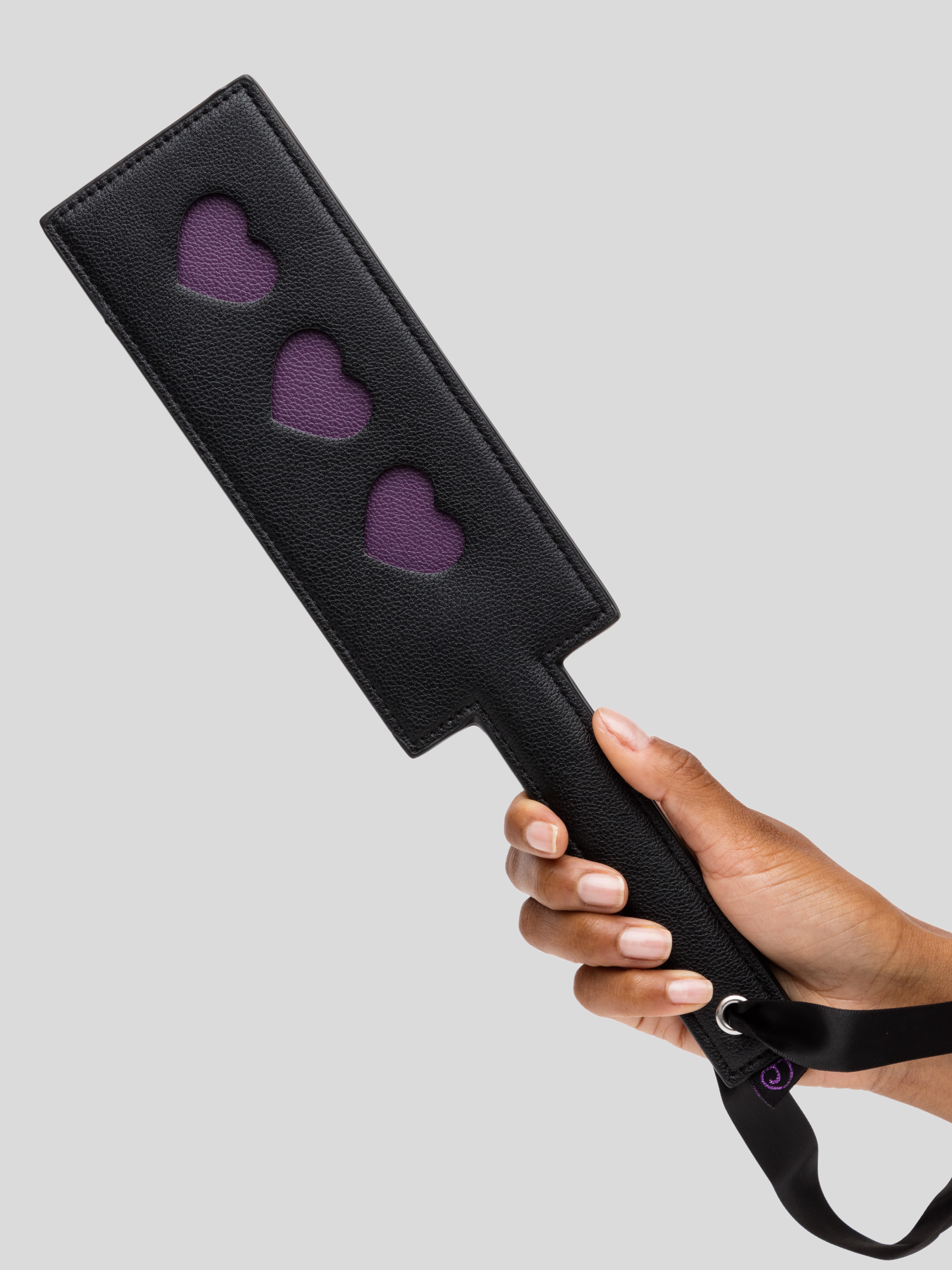 Bondage Boutique Faux Leather Luxury Spanking Paddle Purple Hearts , Black, hi-res