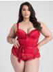Lovehoney Moonlight Desire Red Satin Crotchless Basque Set, Red, hi-res