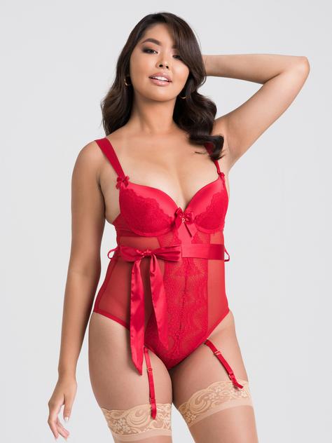 Lovehoney Moonlight Desire Red Satin Crotchless Body, Red, hi-res