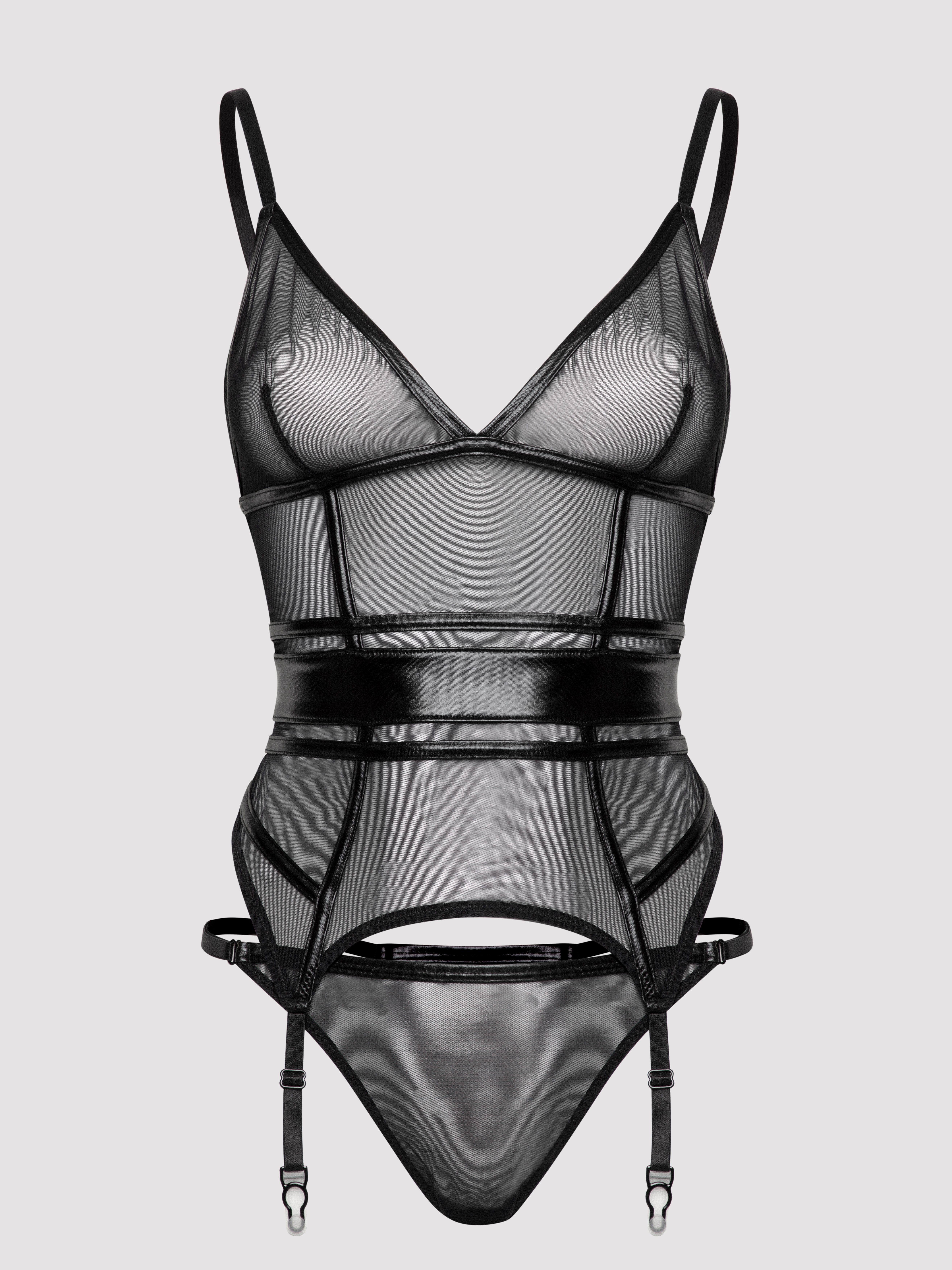 Lovehoney Fierce Wet Look and Mesh Panelled Black Bustier Set , Black, hi-res